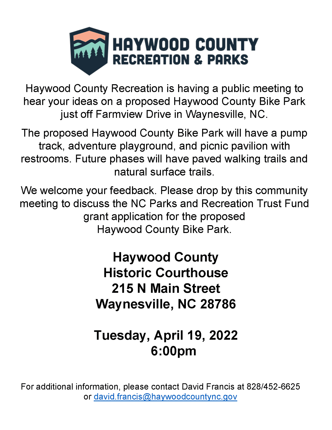 You are invited to a public meeting at the Historic Haywood County Courthouse at 215 N. Main in Wayn